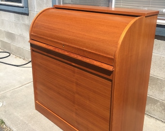 Mid Century Modern Danish Teak Roll Top Desk with File Cabinet
