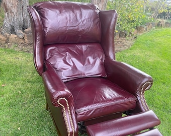 Vintage Lane “Action” Chippendale Style Burgandy Leather Wingback Recliner