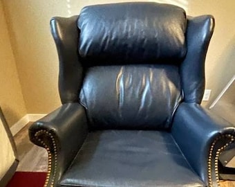 Vintage Chippendale Style Dark Blue Leather Wingback Chair & Ottoman