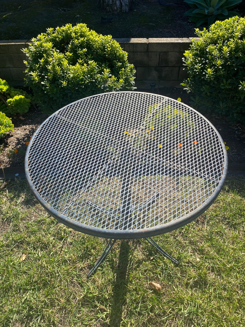 Vintage Wrought Iron Woodard Metal Mesh Round Patio Dining Table, adjustable height