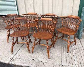 Vintage Conant-Ball Solid Hard Rock Maple Colonial Style Drop Leaf Dining Table with 6 Captains chairs