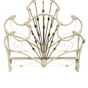 Vintage Elliott’s Design Iron Queen Bed Frame: Cream Enamel with Brass Accents