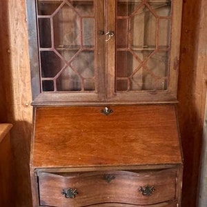 Antique Walnut Serpentine Secretary Desk Chippendale Style Bookcase