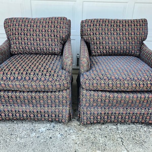 Pair of Vintage Upholstered Club Chairs- Blue William Morris style jacquard fabric