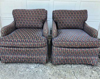 Pair of Vintage Upholstered Club Chairs- Blue William Morris style jacquard fabric