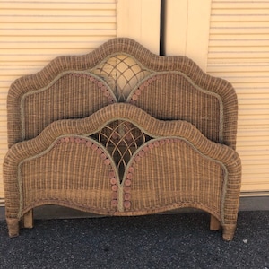 Vintage Wicker Queen Bed  in the style of Ralph Lauren- headboard and footboard, metal rails