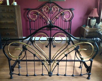 Vintage Elliott’s Design Black Enameled Iron and Brass Queen Size Bed Frame - headboard, footboard, rails included
