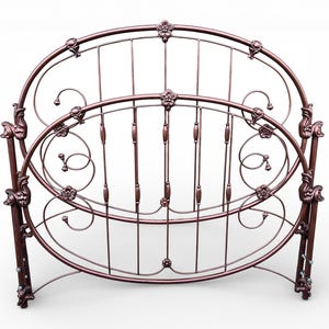 May include: Ornate, bronze-colored metal bed frame. The headboard and footboard feature curved lines, floral accents, and vertical bars. The bed frame has an elegant, vintage design, suitable for a bedroom.