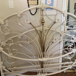 Vintage Elliot's Design " Magnolia" White Enameled Iron and Brass Queen Size Bed Frame - headboard, footboard and rails