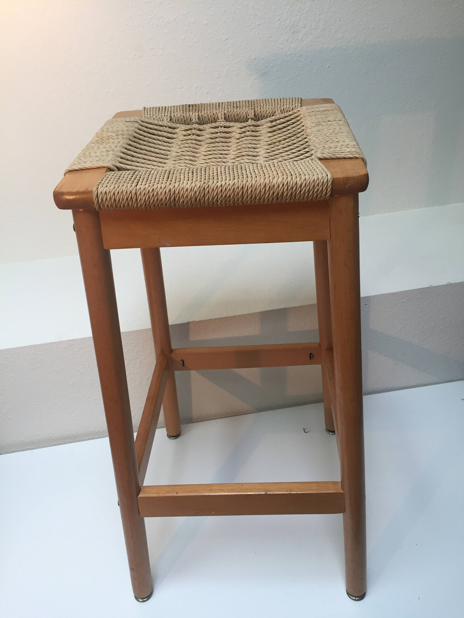 Vintage Danish Modern Maple bar stool with woven rope seat Mid Etsy
