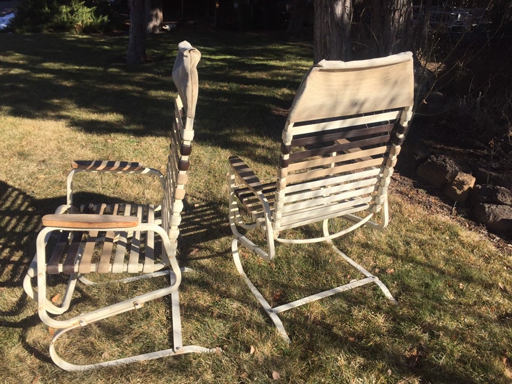 Vintage Vinyl Straps Bouncy Patio Chairs with wood armrests in Etsy