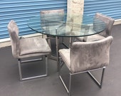 Post Modern Chrome Flat Bar Dining Set- 4 Ultrasuede Chairs and Glass topped table