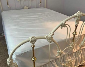 Vintage Elliott's Design King Bed Frame: White Enameled Iron & Brass Headboard Footboard and rails