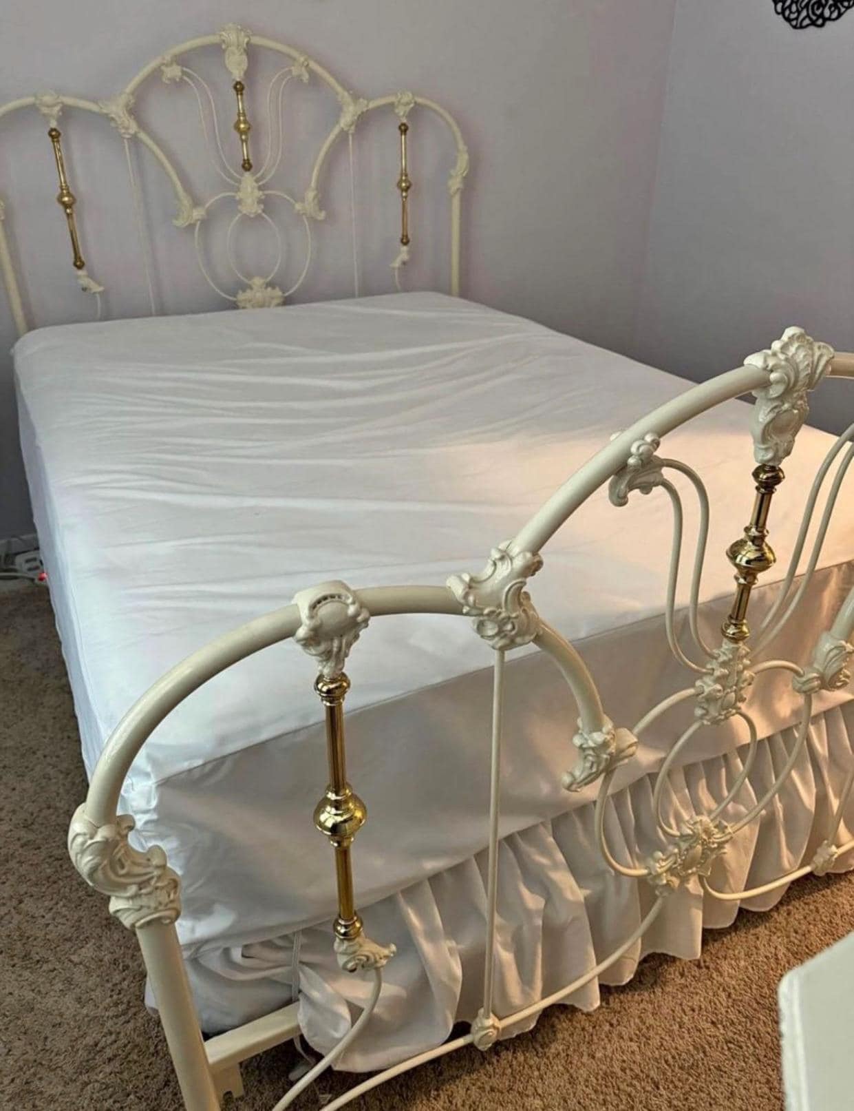 Vintage Elliott’s Design Full White Enameled Iron and Brass Full Size Bed Frame - headboard, footboard and rails