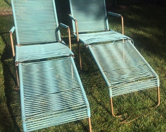 Pair of Vintage Aimes Aire/ Brown Jordan Chaise Lounge with Vinyl Spaghetti Straps Patio Furniture