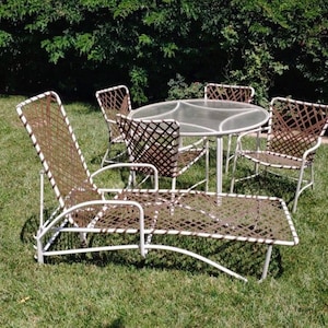 Vintage Brown Jordan Tamiami Patio Dining set and Lounger, white with brown straps