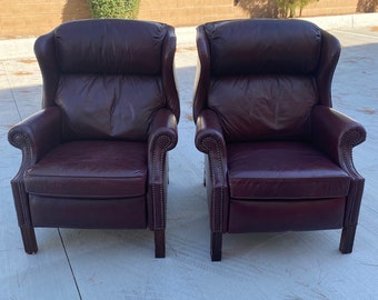 Vintage Braddington Young Chippendale Style Burgundy Leather Wingback Recliner ( 2 available)