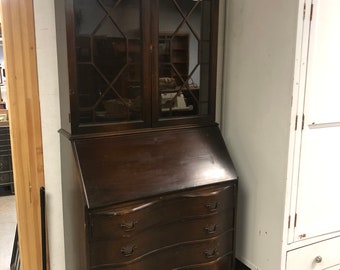 Antique Walnut Serpentine Secretary Desk Chippendale Style
