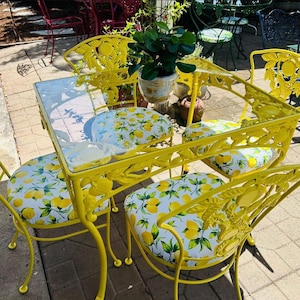 Rare Vintage Woodard “Pomegranate” Wrought Iron Patio Set-glass topped table and 4 chairs with cushions
