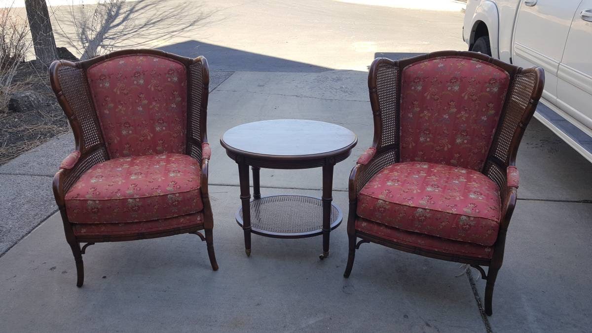 Pair of Ethan Allen Chinese Chippendale Faux Bamboo Caned Wing