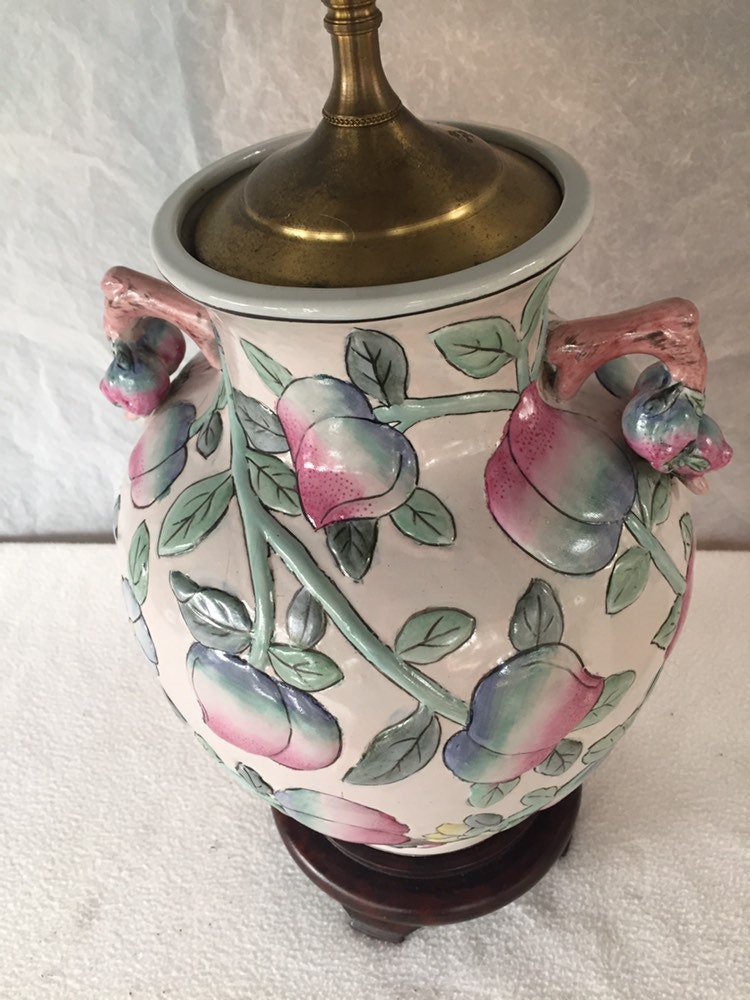 Vintage Asian Ginger Jar Lamp With Peaches on Wood Stand Etsy