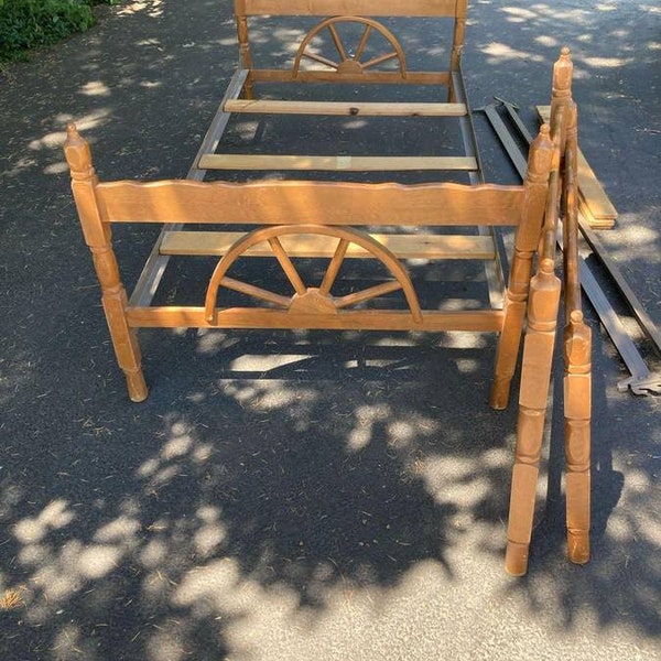 Pair of Twin Wagon Wheel Beds, Turned Post, Head Board, Foot Board (Use With Metal Rails)