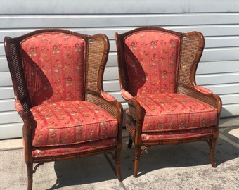 Pair of Chinese Chippendale Faux Bamboo Caned Wing Back Lounge Chairs