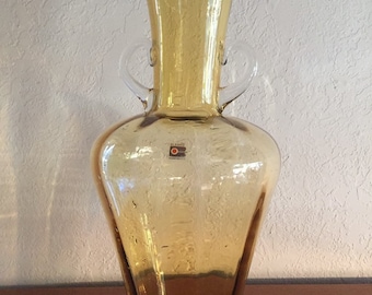 Vintage Blenko Tall Amber Optic Art Glass Vase with clear handles- 20"H x 9" diameter