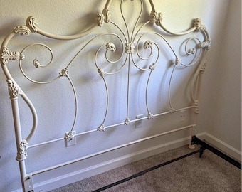 Vintage Elliott’s Design Queen White Enameled Iron Bed Frame - headboard, footboard, side rails