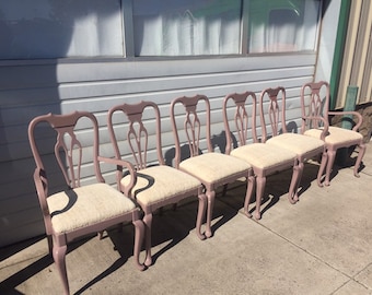 Set of 6 Vintage Hollywood Regency Lilac Lacquered chairs- 4 side chairs/ 2 Arm chairs with raw silk upholstered seats