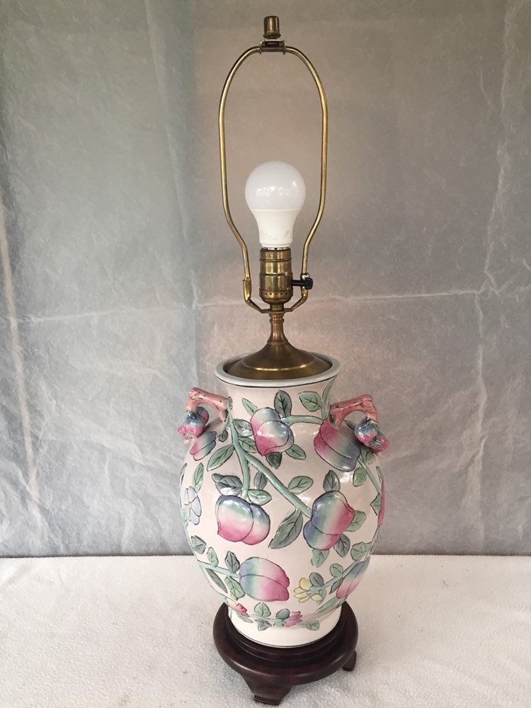Vintage Asian Ginger Jar Lamp With Peaches on Wood Stand Etsy