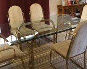 Mid Century Hollywood Regency Milo Baughman Brass Cantilever Dining Set - glass topped table w 6 chairs