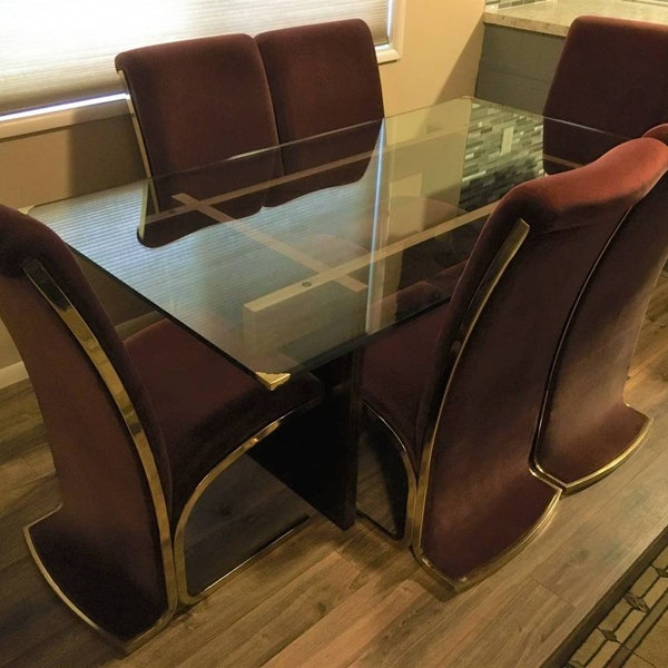 Mid Century Hollywood Regency Brass Cantilever Dining Chairs in the manner of Karl Springer Brass