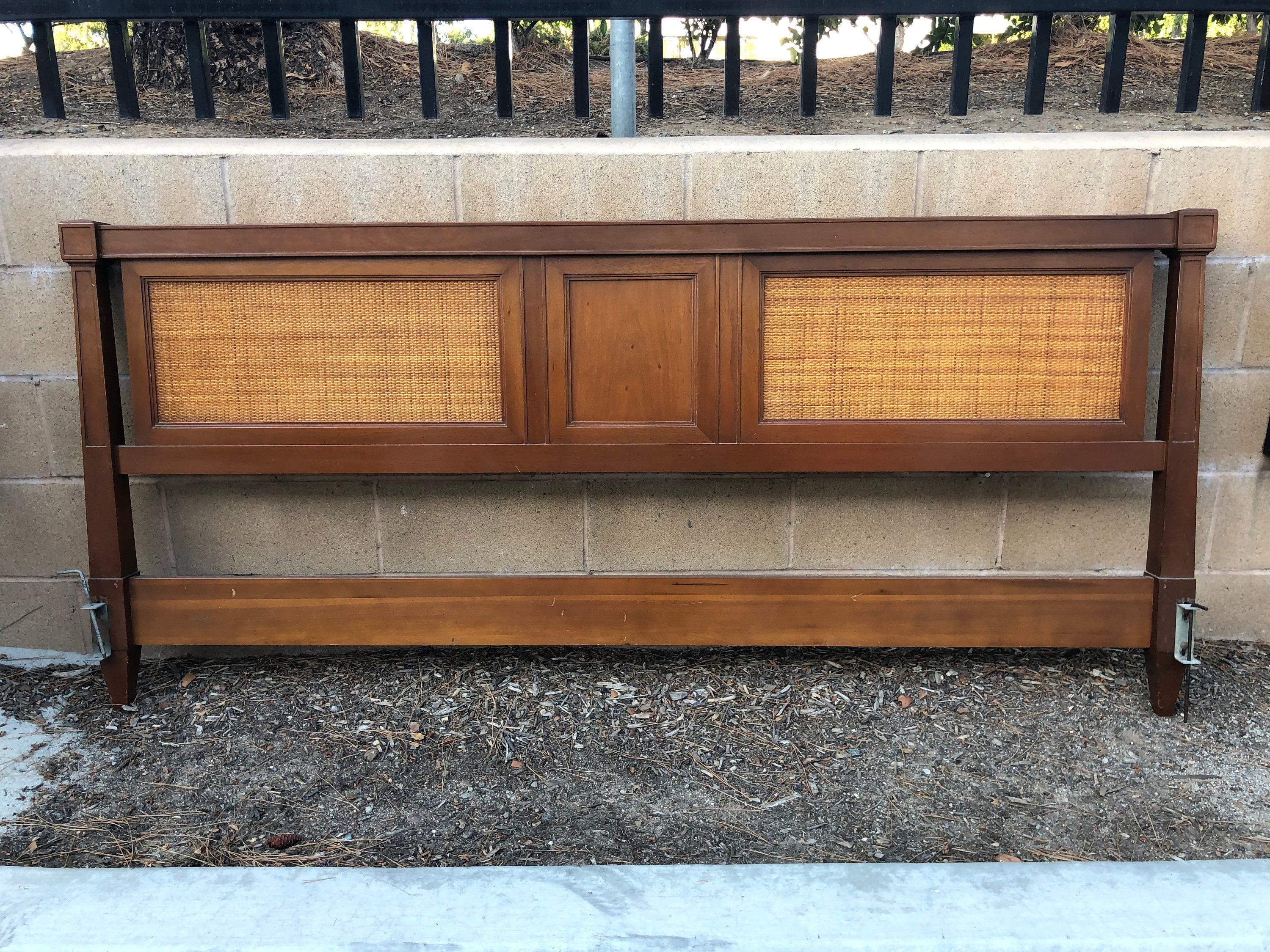 Vintage Mid Century Walnut and Cane Cal King Headboard With Cane