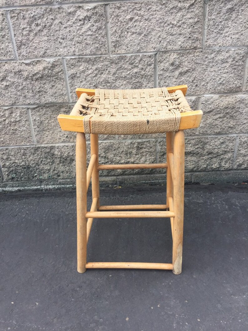 Vintage Danish Modern Maple Bar Stool With Woven Rope Seat Mid Etsy