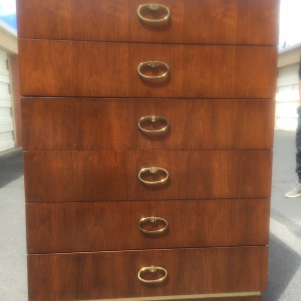 Vintage Jack Cartwright for Founders Furniture Bedroom Set- Walnut Campaign Chest of Drawers, Nightstand and Campaign Style Caned Headboard