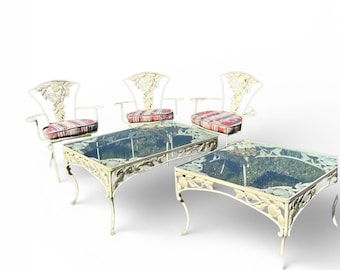 Rare Vintage Woodard "Pomegranate" Wrought Iron Patio Set: 1Glass Coffee Table, 1 square side table and 3 Arm Chairs