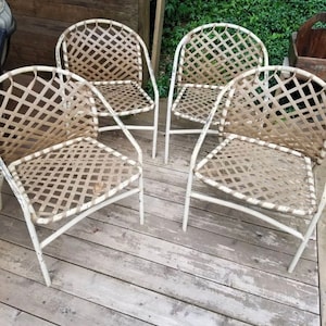 Early Vintage Brown Jordan Kantan Dining Chairs 4 Arm Chairs with White Steel frames and Cocoa Brown Vinyl Straps