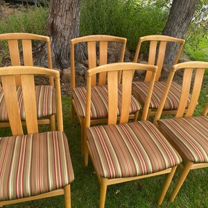 May include: Six wooden dining chairs with striped fabric seats. The chairs are arranged in a row on a green lawn.