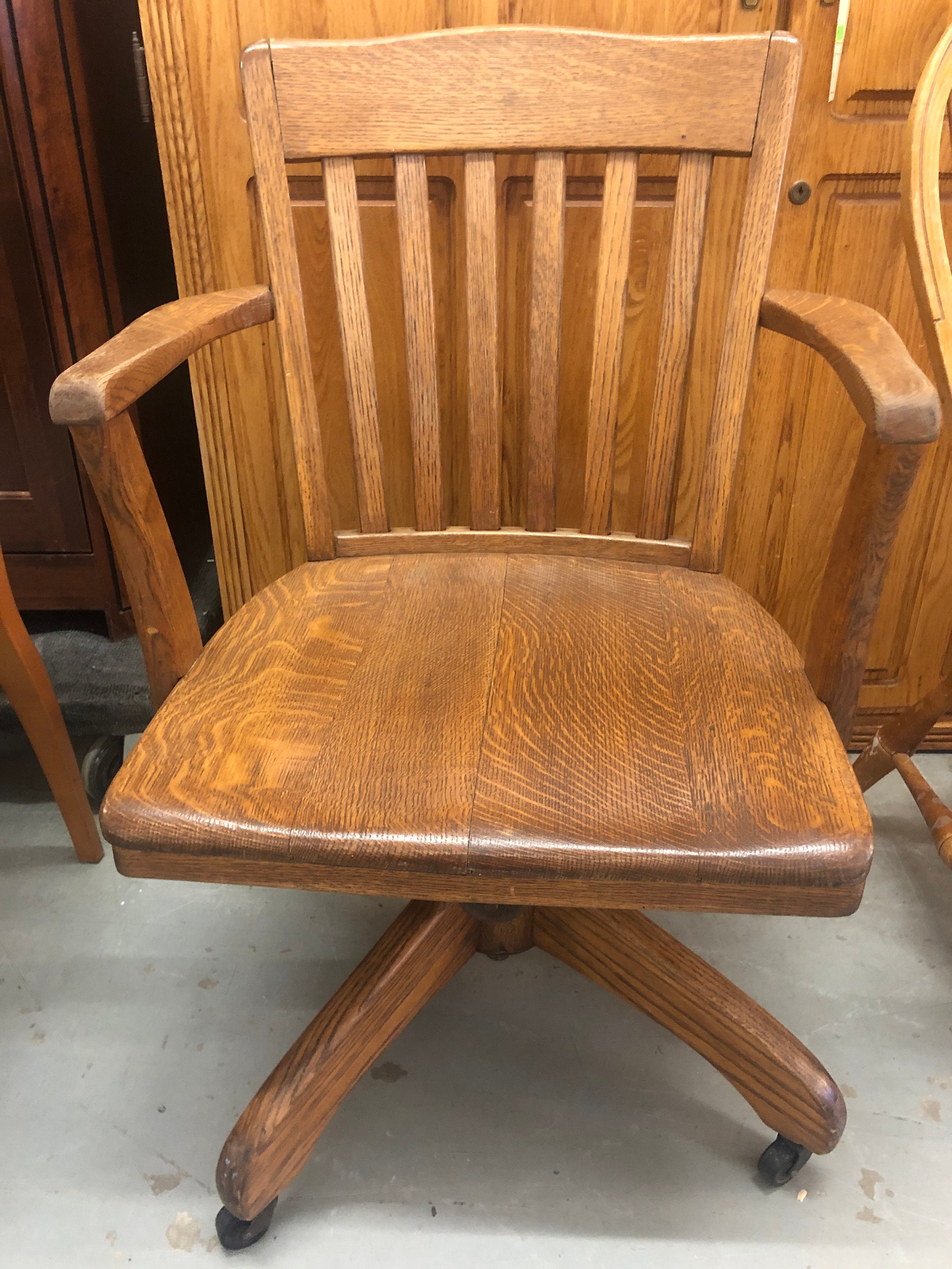 Solid Oak Vintage Office Executive Chair Antique Rolling | Etsy