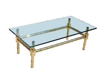 Brass Faux Bamboo Chinese Chippendale Coffee Table with 1/2" Thick Glass Table top