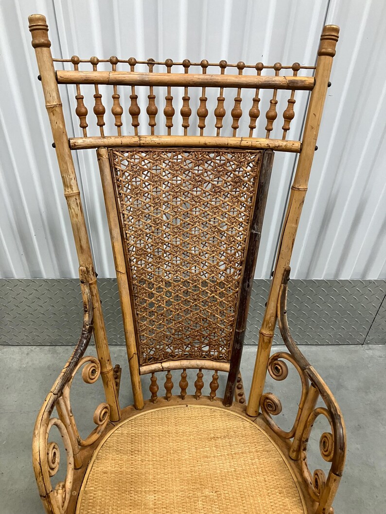 Antique Victorian Wood and Wicker Rocker With Woven Rattan Seat, Hand ...