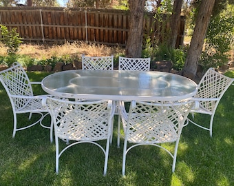 Vintage Brown Jordan Dining Set, 6 Arm Chairs with White Aluminum frames and  White Vinyl Straps with Glass Top Oval Table