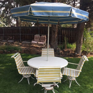 Vintage Homecrest Dining Set, 4 Patio Swivel Arm chairs with metal frames, Vinyl Straps with Fiberglass Top Table