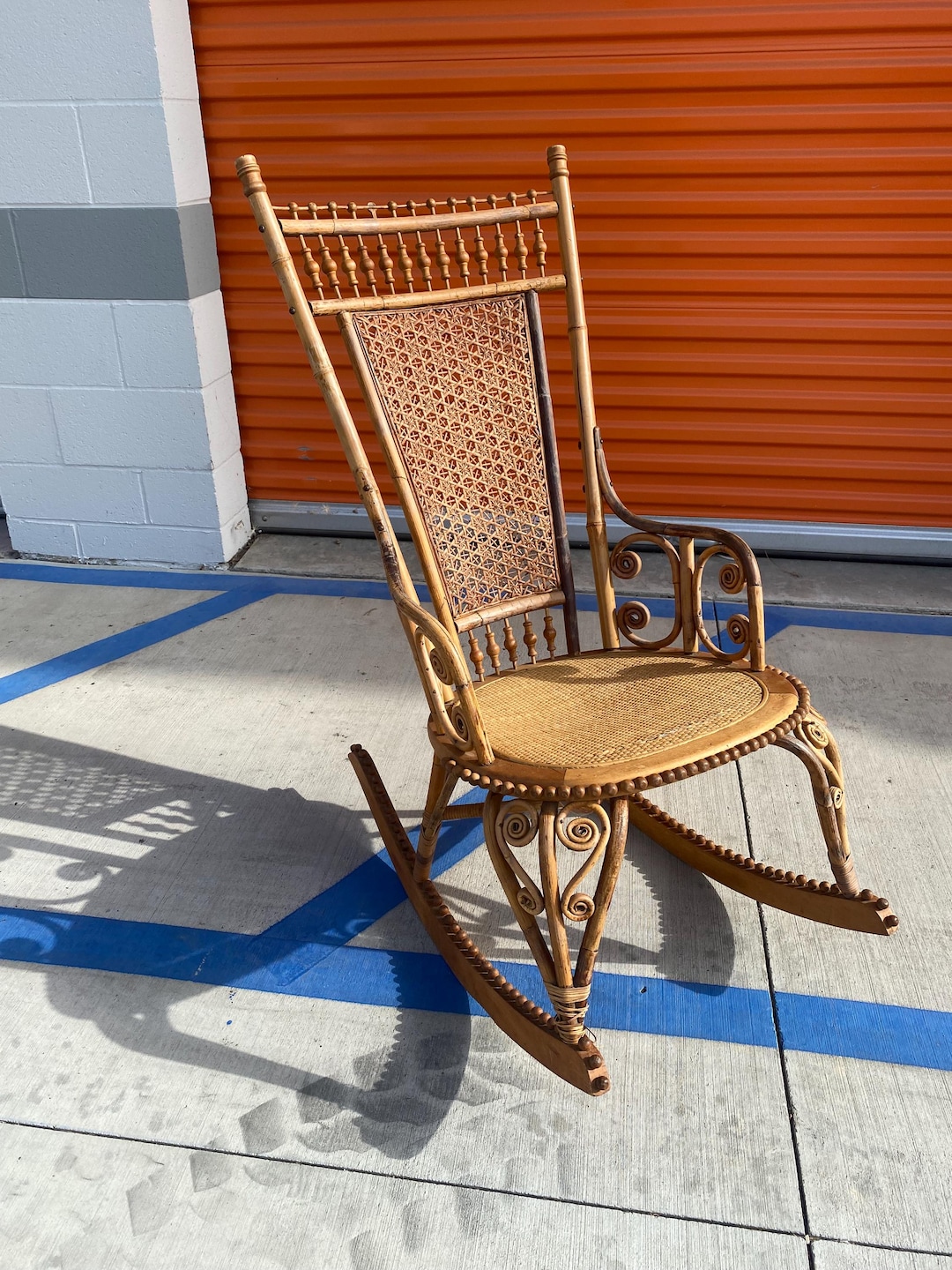 Antique Victorian Wood and Wicker Rocker With Woven Rattan Seat, Hand ...