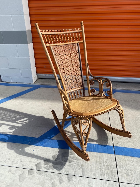 Antique Victorian Wood and Wicker Rocker With Woven Rattan Seat