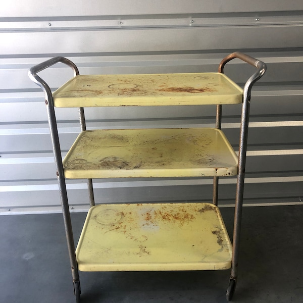 Vintage Retro Cosco Yellow Metal Kitchen Rolling Cart, 3 Tiers Yellow Cart,rolling table, home bar, bar cart