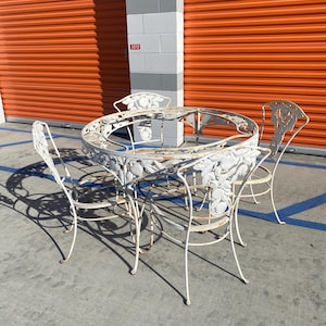 Rare Vintage Woodard "Pomegranate" Wrought Iron Patio Set: Glass Table, 4 Chairs