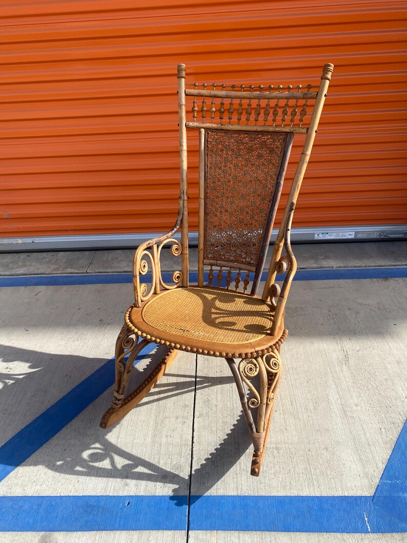 Antique Victorian Wood and Wicker Rocker With Woven Rattan Seat, Hand ...