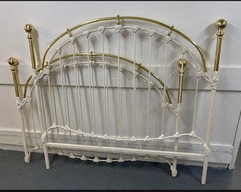 Vintage Elliott’s Design White Enameled Iron and Brass Queen Size Bed Frame - headboard, footboard and rails